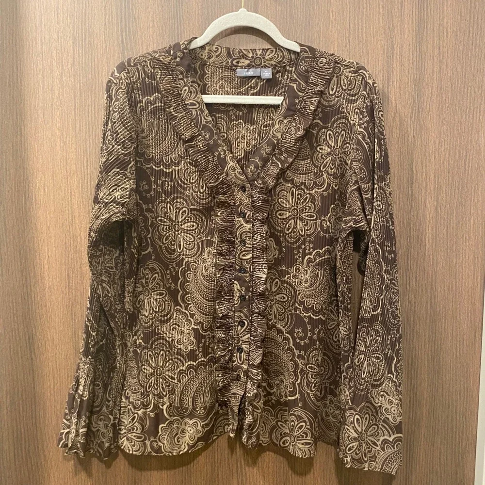 APT.9 Brown Floral Sheer Crinkle Blouse XL Ruffle Forest Fairy Grunge Goblincore - Picture 3 of 11